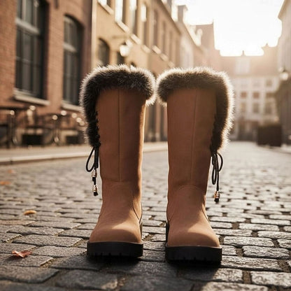 Botas de nieve de caña alta para mujer con ribete de pelo y tacón ancho bajo
