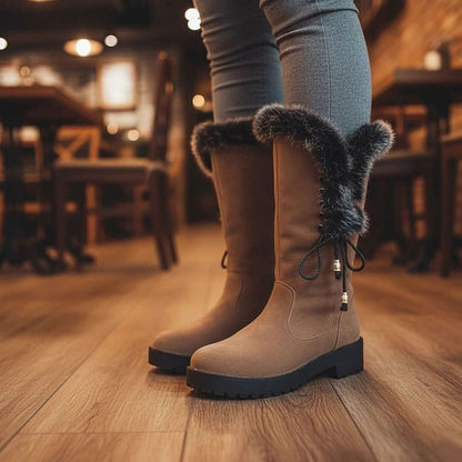 Botas de nieve de caña alta para mujer con ribete de pelo y tacón ancho bajo