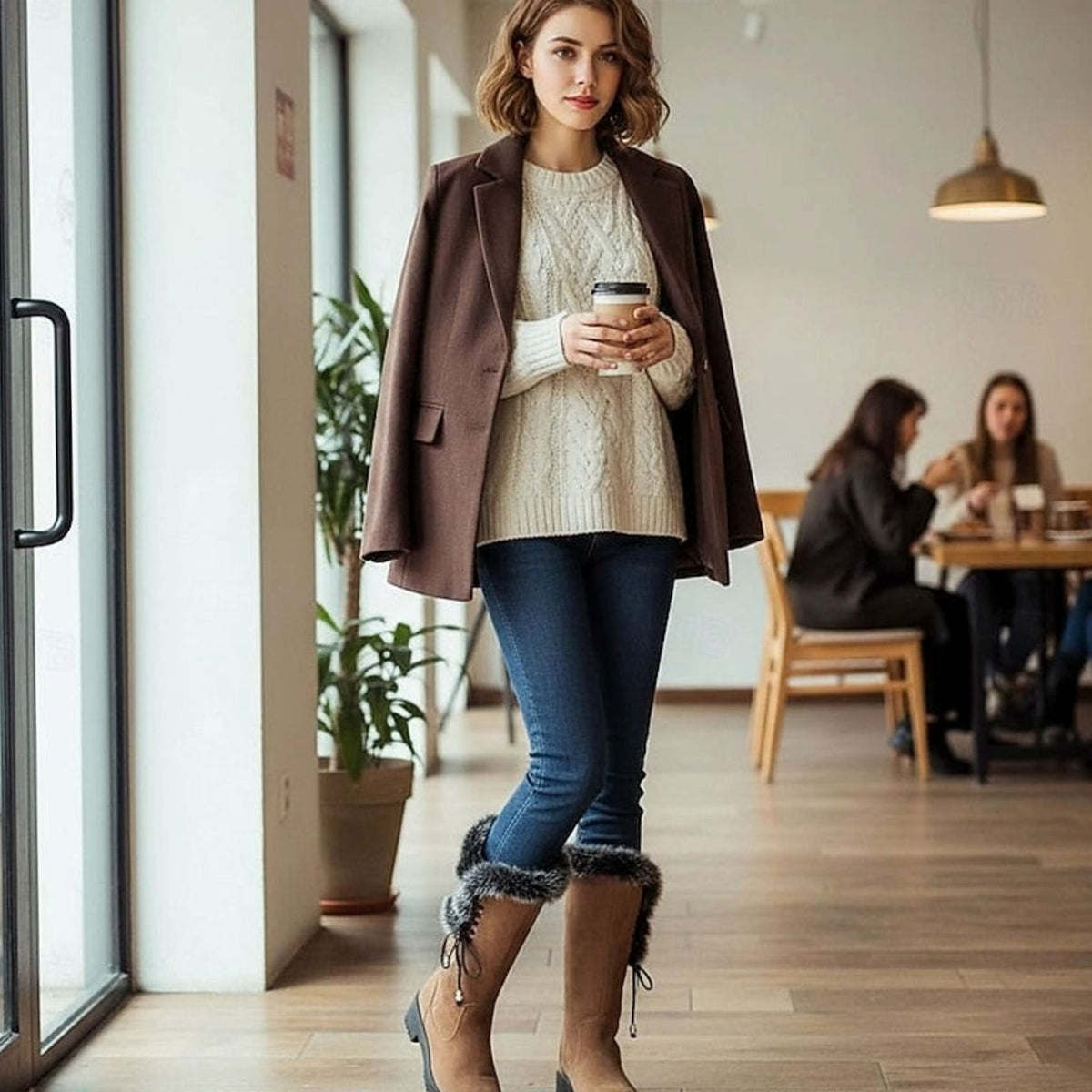Botas de nieve de caña alta para mujer con ribete de pelo y tacón ancho bajo