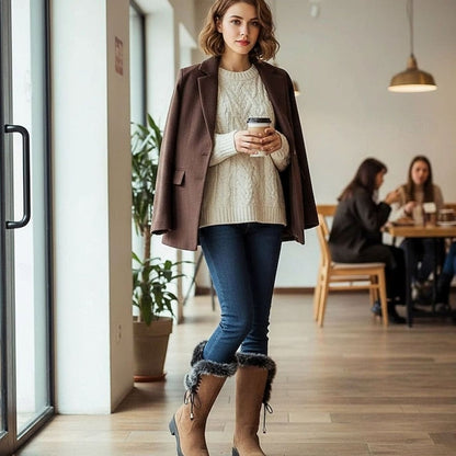 Botas de nieve de caña alta para mujer con ribete de pelo y tacón ancho bajo