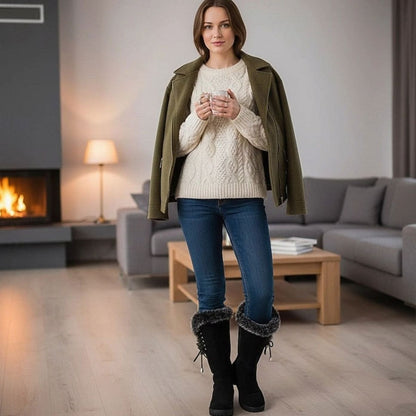 Botas de nieve de caña alta para mujer con ribete de pelo y tacón ancho bajo