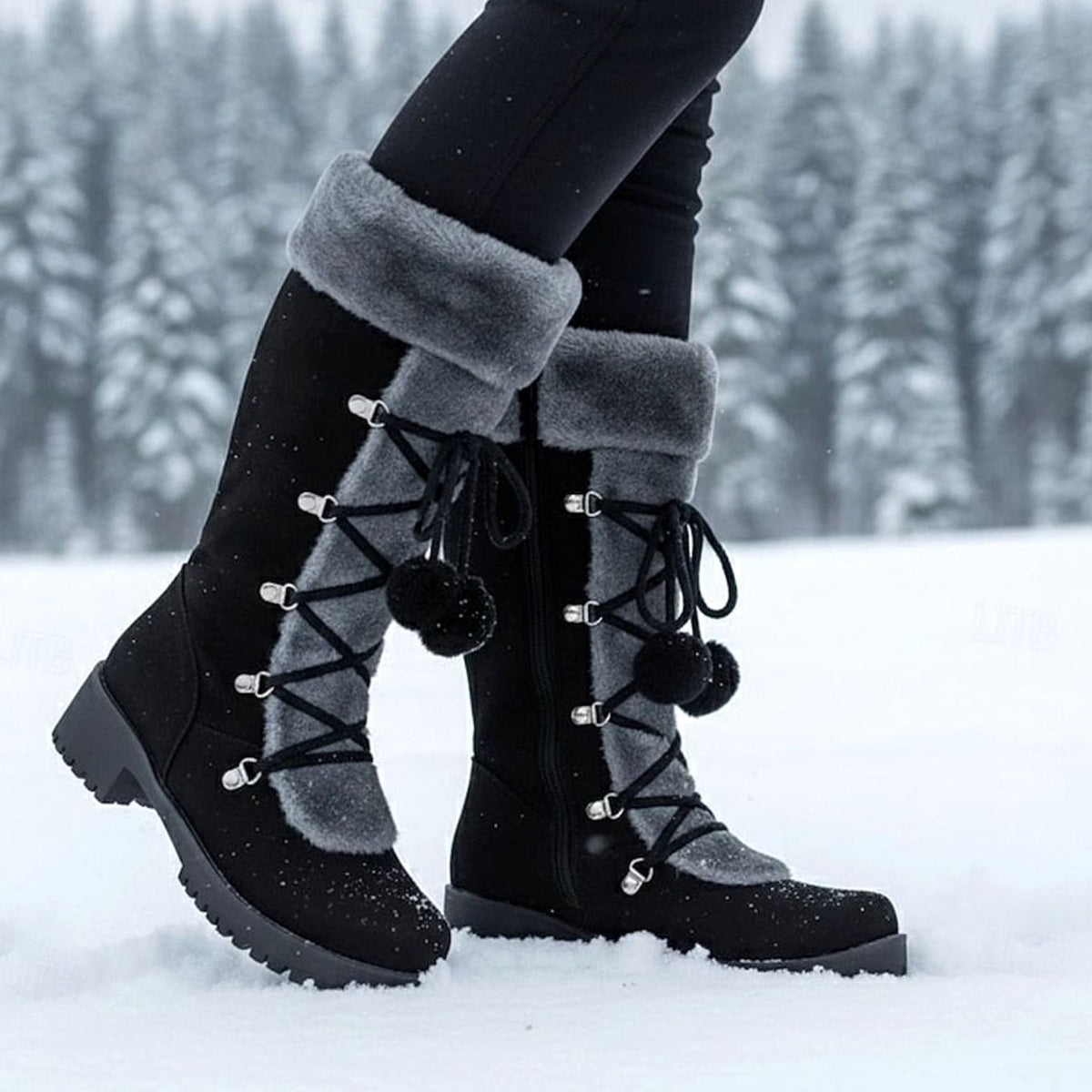 Botas de nieve de media caña con cordones y ribete de pelo para mujer