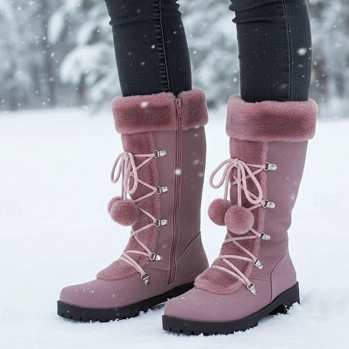 Botas de nieve de media caña con cordones y ribete de pelo para mujer