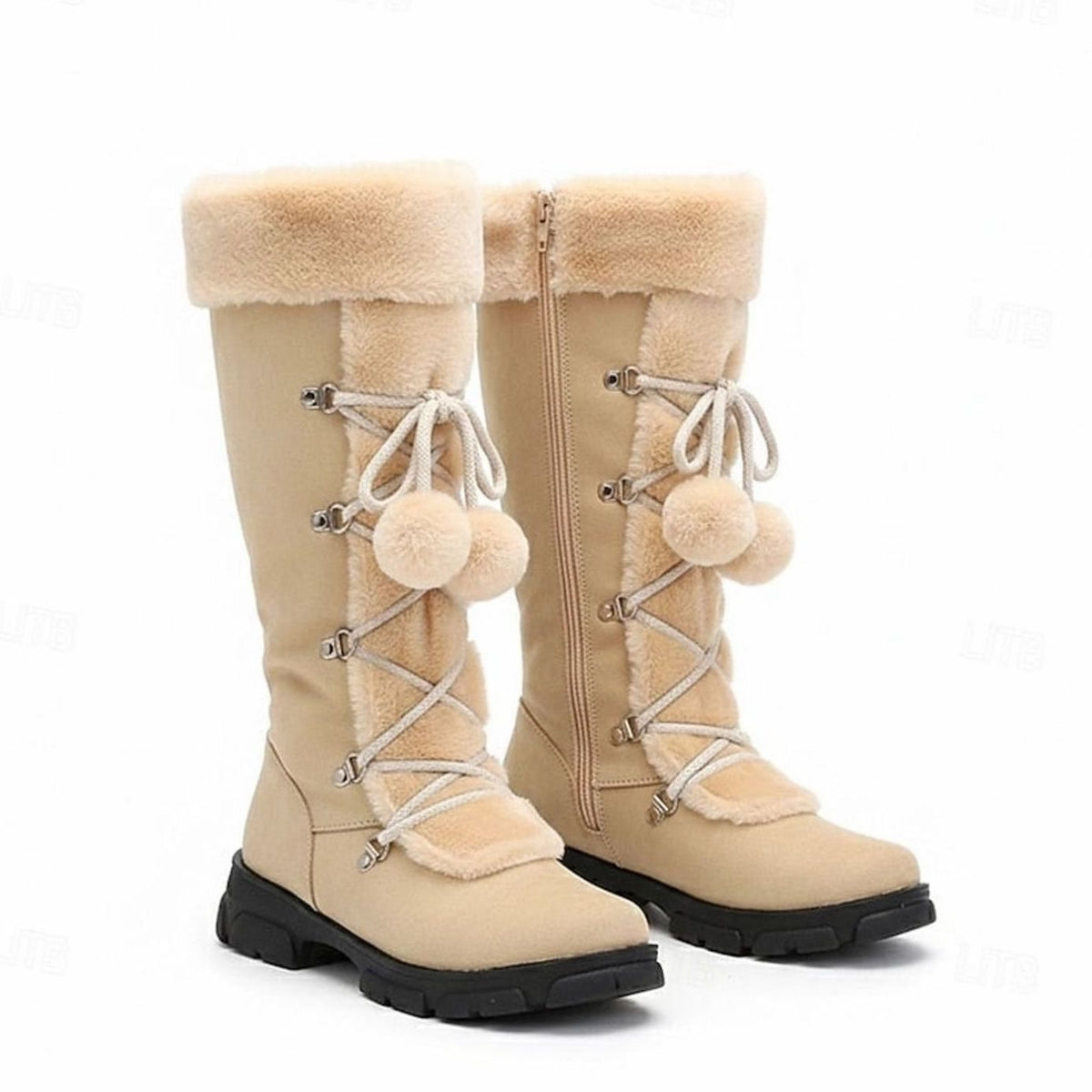 Botas de nieve de media caña con cordones y ribete de pelo para mujer