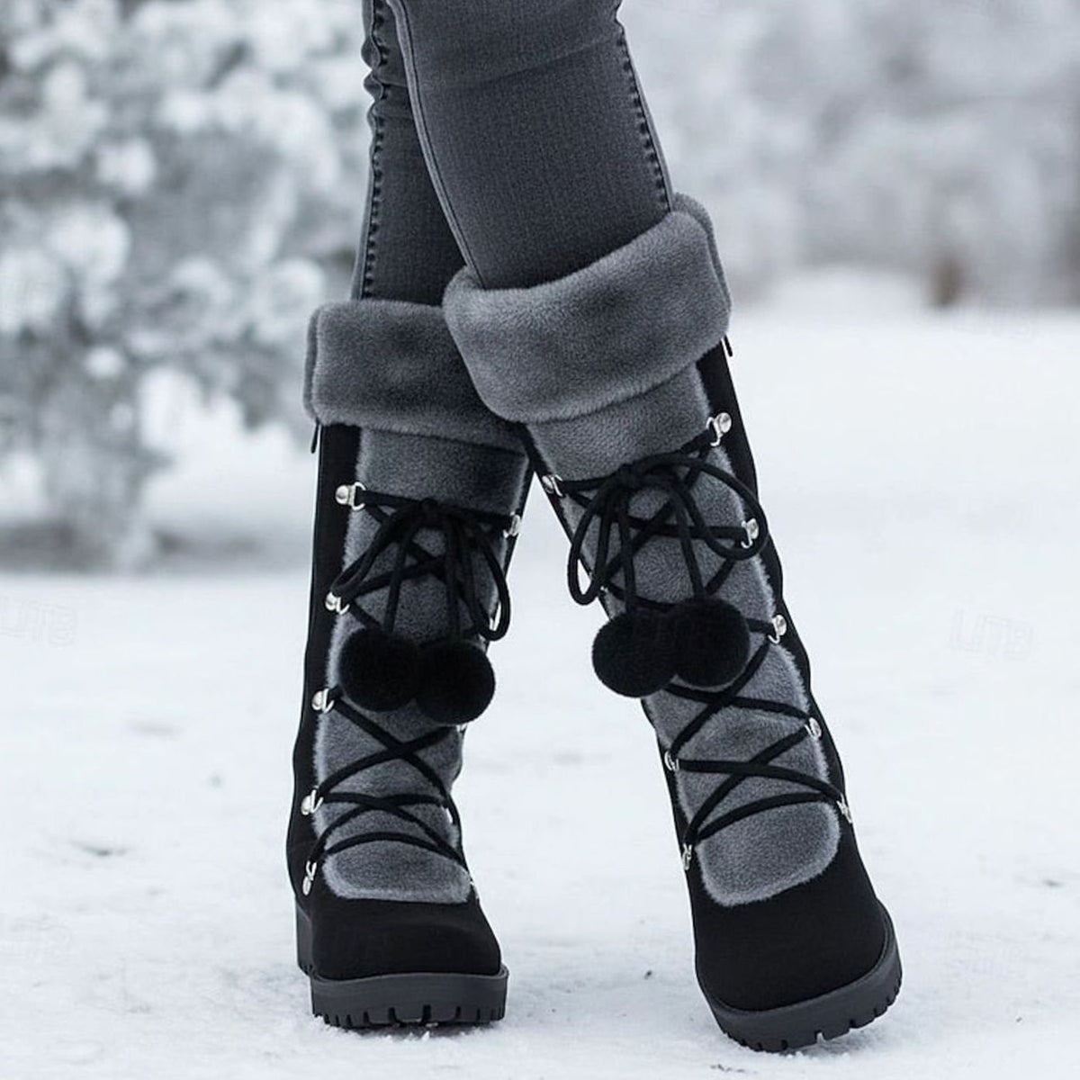 Botas de nieve de media caña con cordones y ribete de pelo para mujer