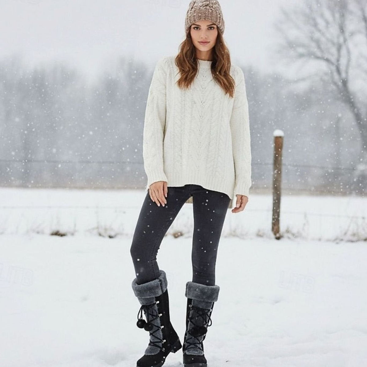 Botas de nieve de media caña con cordones y ribete de pelo para mujer