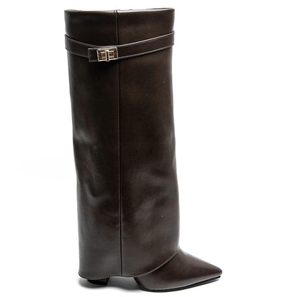 Botas elegantes de tacón de bloque en cuero sintético para mujer