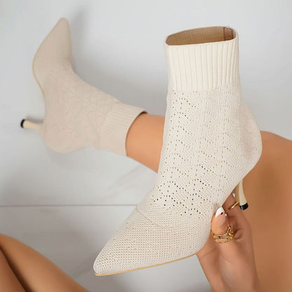 Botines calcetín de punto con punta fina y tacón de aguja para mujer