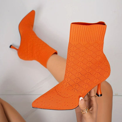 Botines calcetín de punto con punta fina y tacón de aguja para mujer