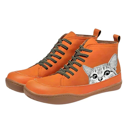 Botines con cordones para mujer con estampado de gato