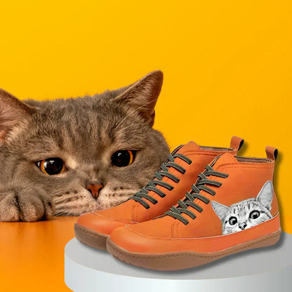 Botines con cordones para mujer con estampado de gato