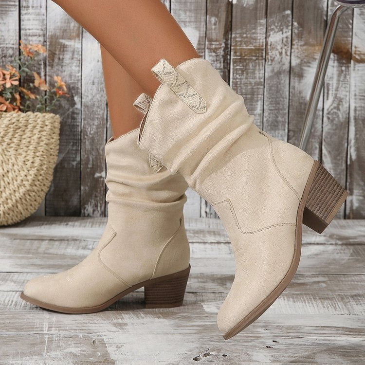 Botines cowboy de mujer con tacón bloque medio y caña fruncida