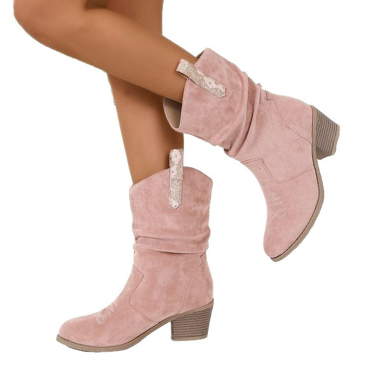 Botines cowboy de mujer con tacón bloque medio y caña fruncida