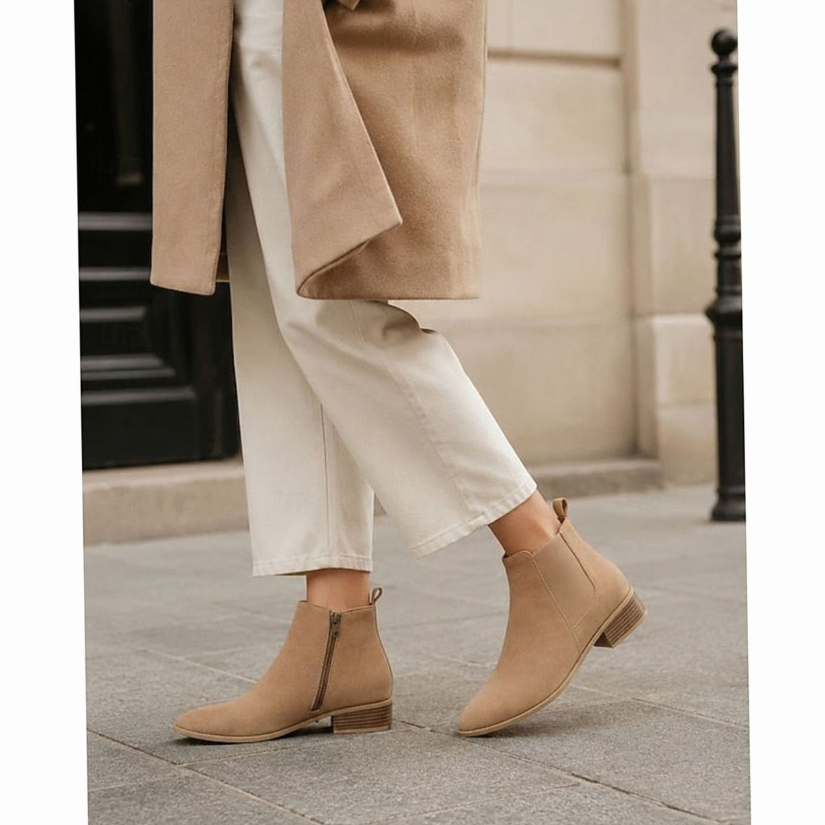Botines de ante con tacón ancho y punta fina para mujer