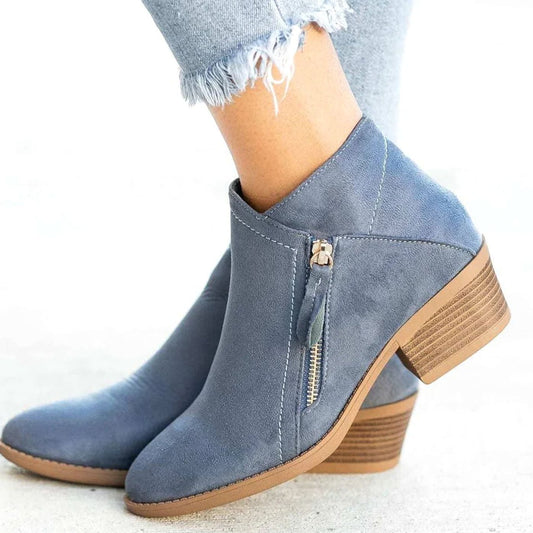 Botines de ante para mujer con punta en pico, cremallera lateral y tacón bajo