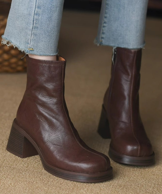 Botines de mujer con tacón ancho y cremallera - Marrón/Negro