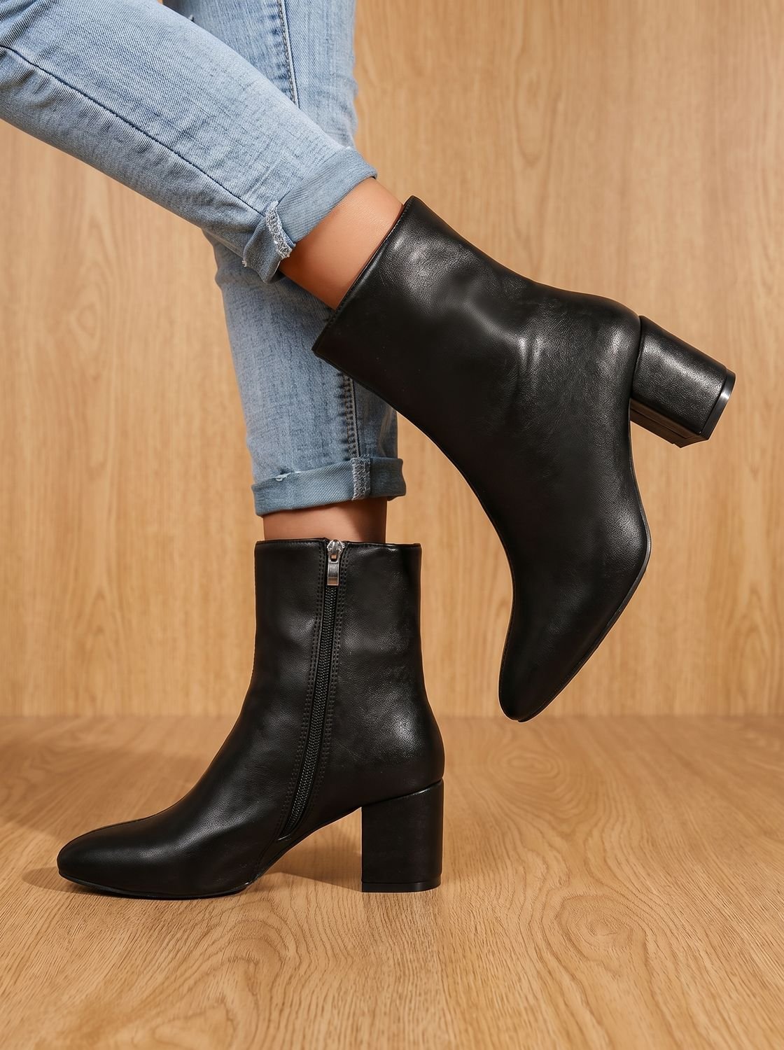 Botines de mujer de punta fina con tacón ancho y cremallera lateral