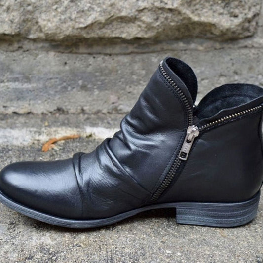 Botines de piel fruncidos con cremallera lateral para mujer