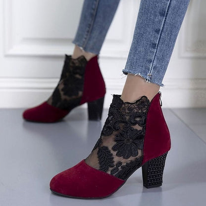 Botines de tacón ancho con detalle de encaje para mujer