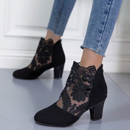 Botines de tacón ancho con detalle de encaje para mujer