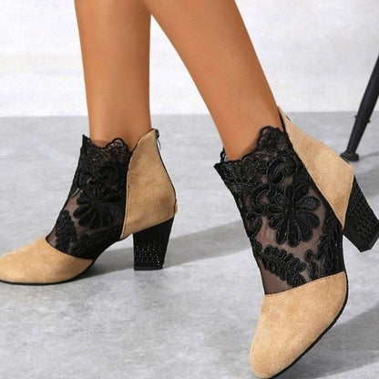 Botines de tacón ancho con detalle de encaje para mujer