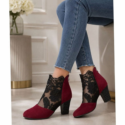 Botines de tacón ancho con detalle de encaje para mujer