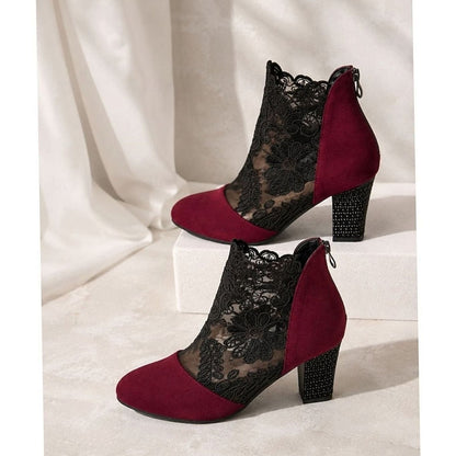 Botines de tacón ancho con detalle de encaje para mujer