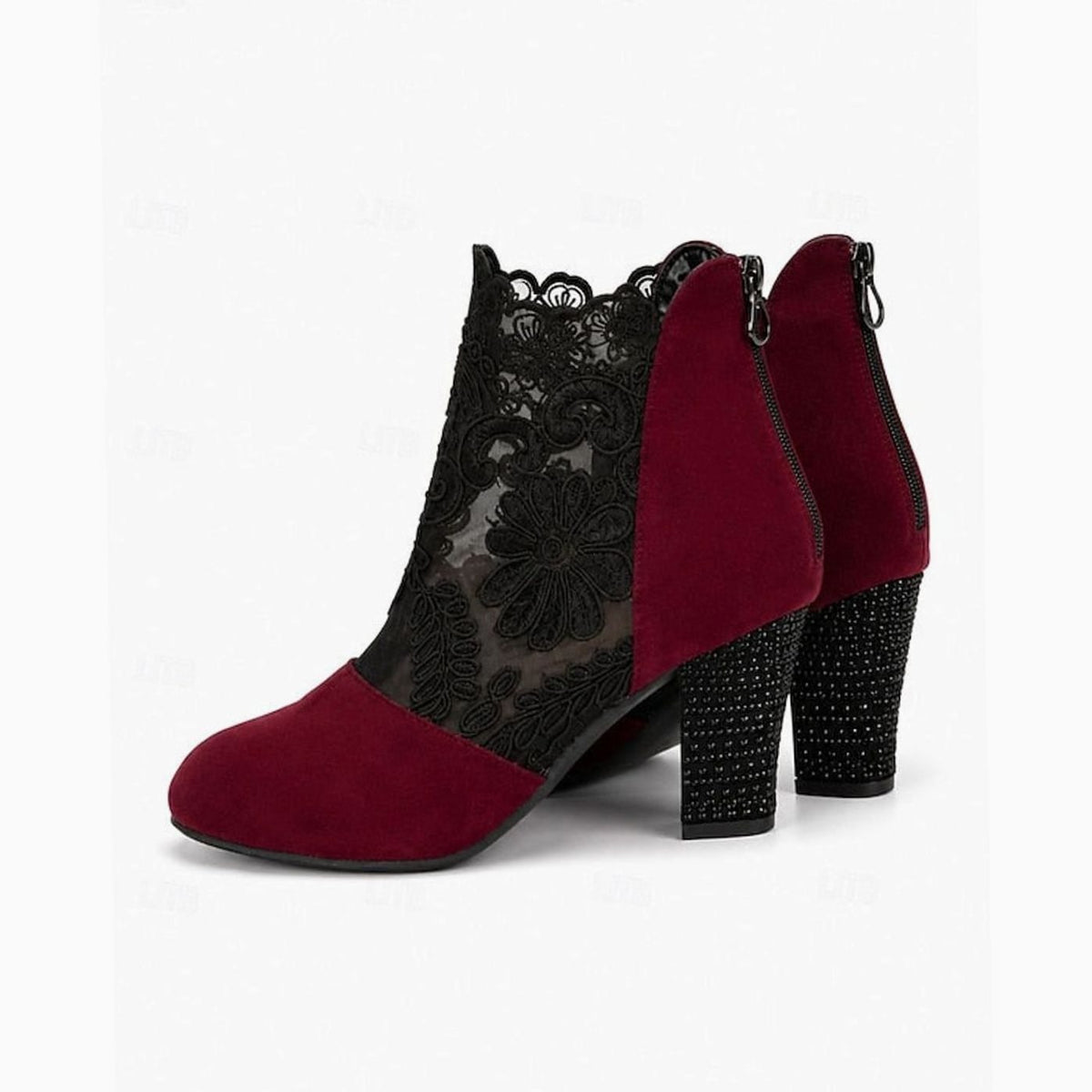 Botines de tacón ancho con detalle de encaje para mujer