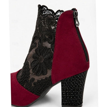 Botines de tacón ancho con detalle de encaje para mujer