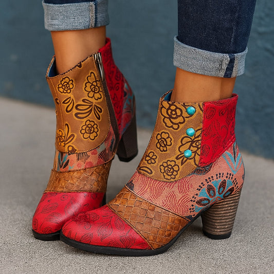 Botines de tacón ancho con estampado floral en relieve de estilo bohemio para mujer