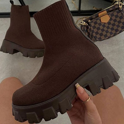 Botines estilo calcetín de punto para mujer con tacón ancho y suela dentada track sin cordones