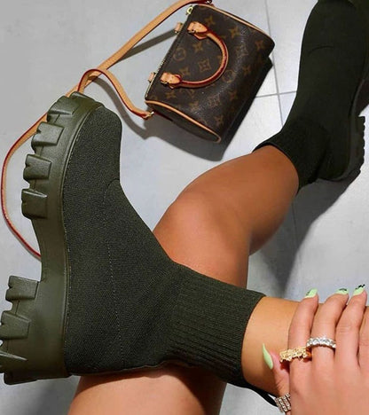 Botines estilo calcetín de punto para mujer con tacón ancho y suela dentada track sin cordones
