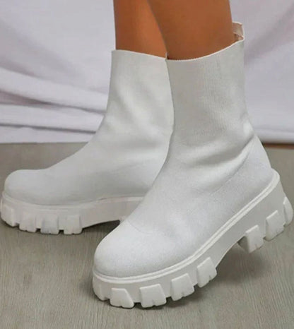 Botines estilo calcetín de punto para mujer con tacón ancho y suela dentada track sin cordones