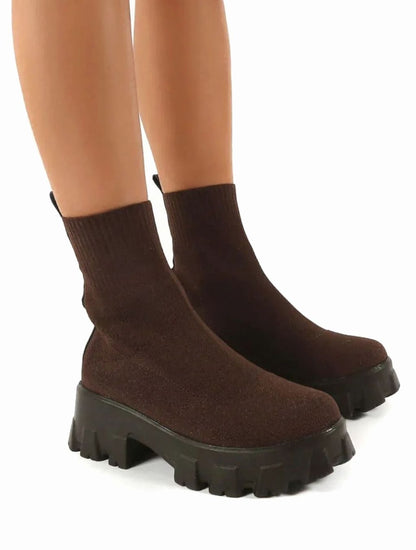 Botines estilo calcetín de punto para mujer con tacón ancho y suela dentada track sin cordones
