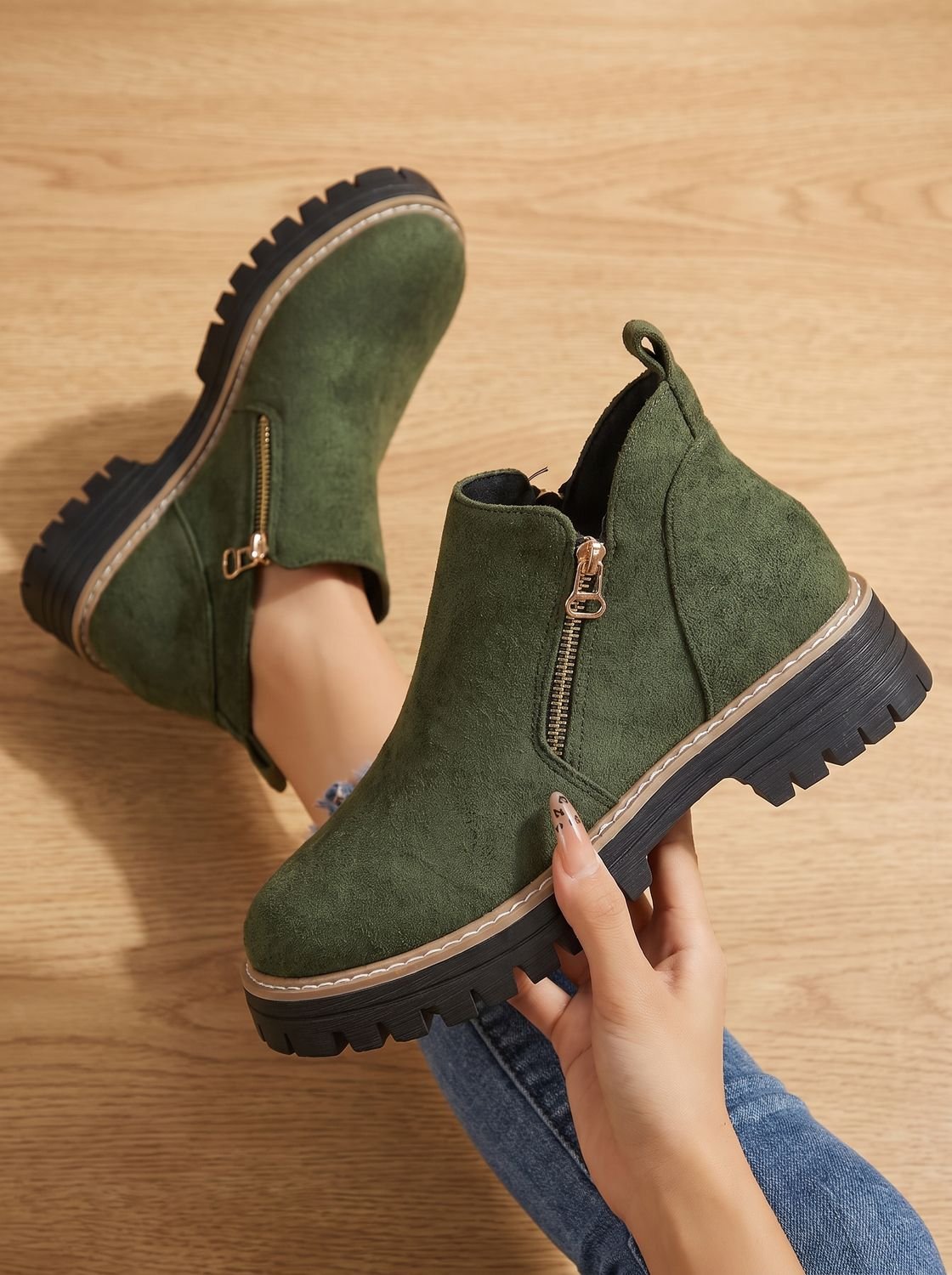 Botines para mujer con cremallera lateral y suela de plataforma gruesa