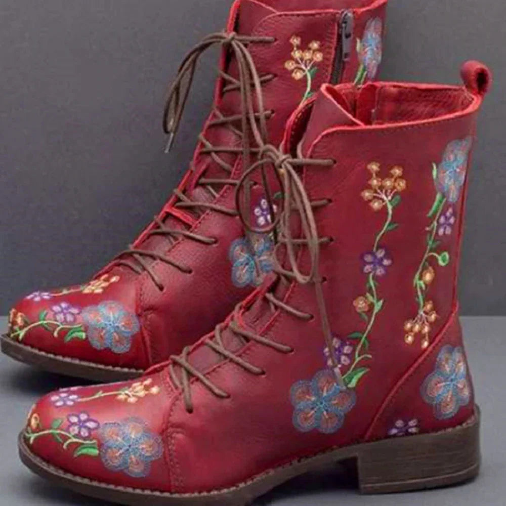 Botines retro para mujer con bordado étnico
