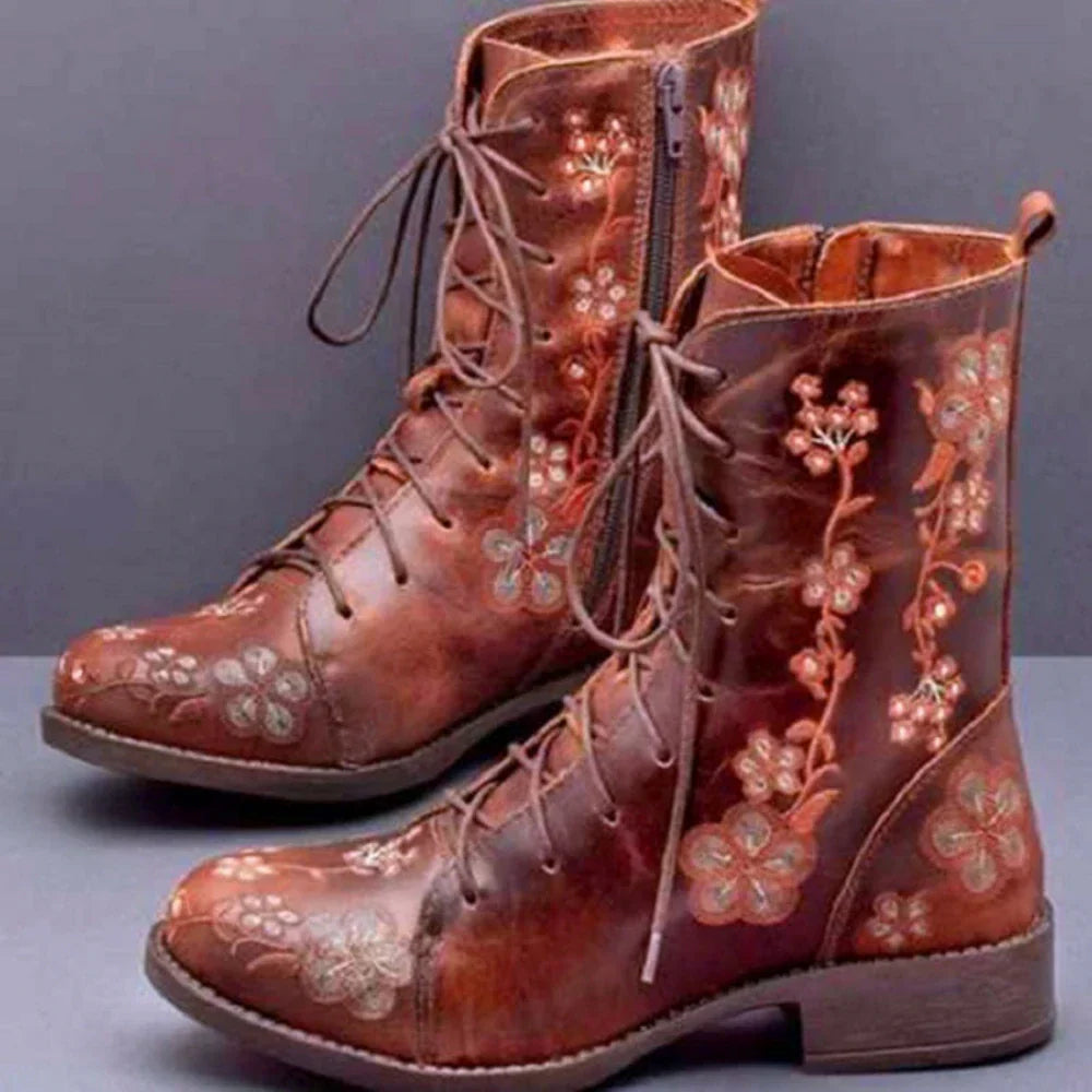Botines retro para mujer con bordado étnico