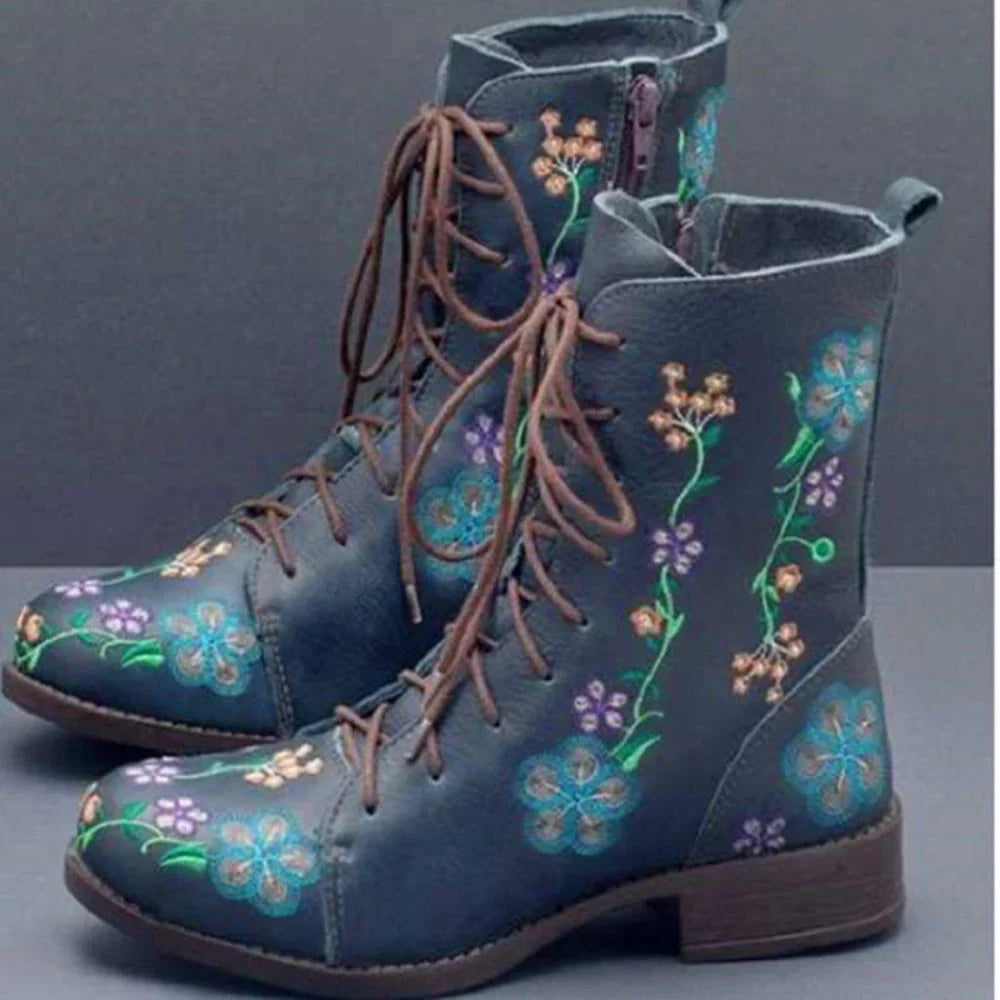 Botines retro para mujer con bordado étnico