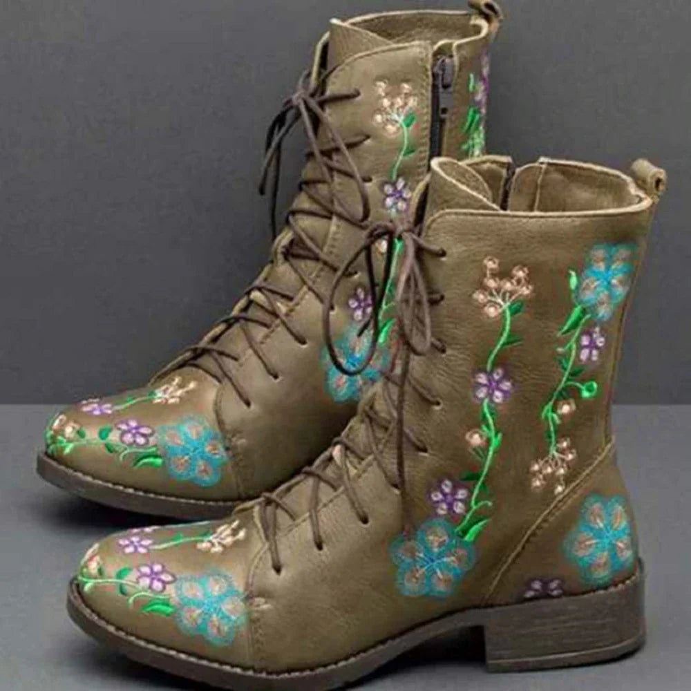 Botines retro para mujer con bordado étnico