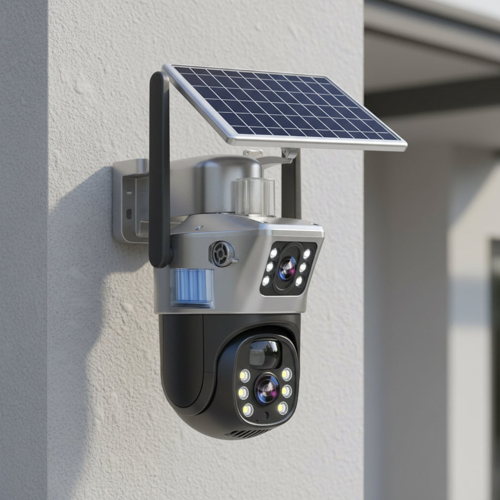 CÁMARA DUALGUARD – Cámara de Seguridad Inalámbrica 4K con Panel Solar y Vista Panorámica de 360°