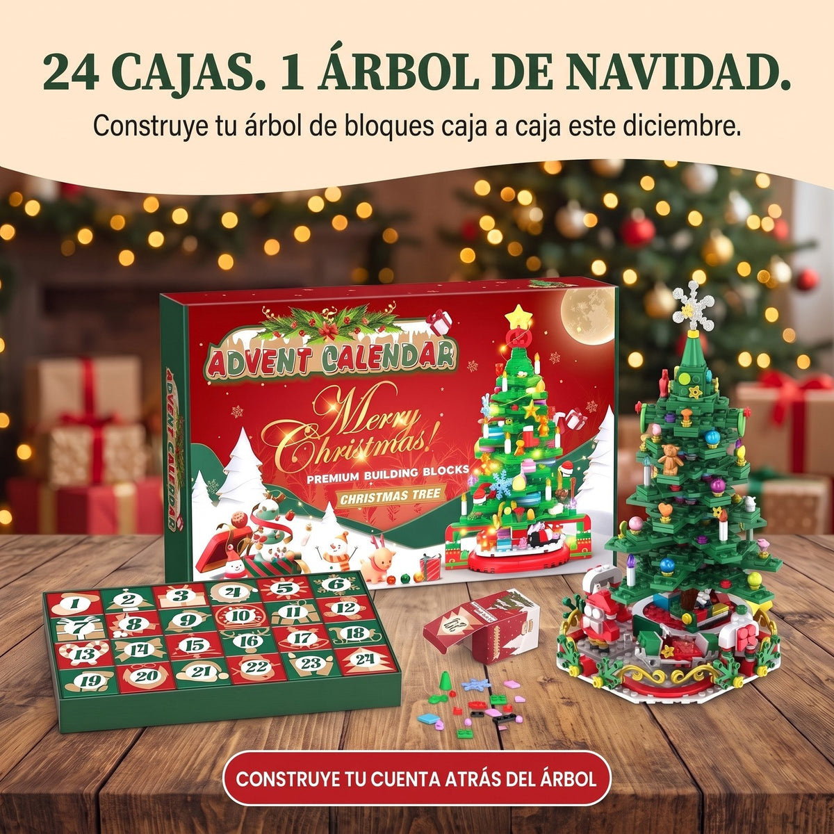 Calendario de Adviento Árbol de Navidad de Bloques, 24 Cajas para un Gran Árbol con Luces