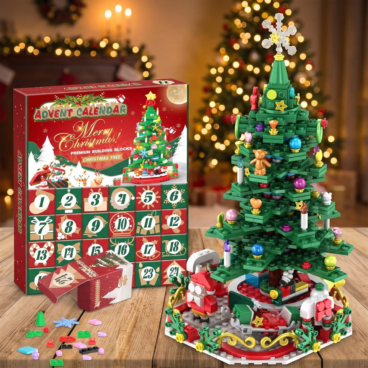 Calendario de Adviento Árbol de Navidad de Bloques, 24 Cajas para un Gran Árbol con Luces