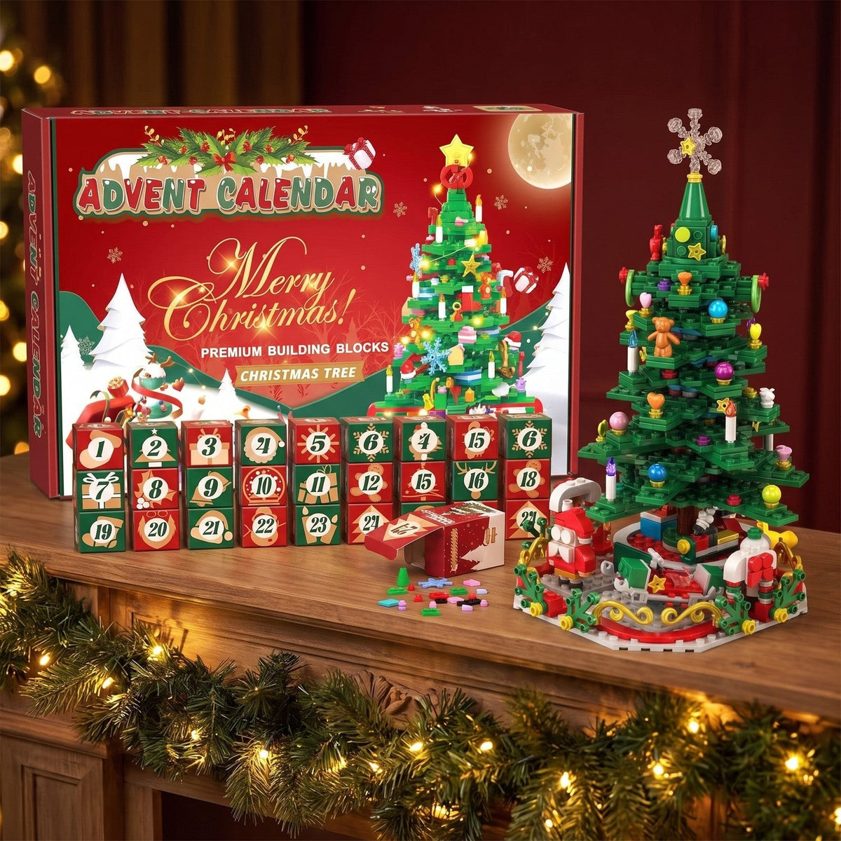 Calendario de Adviento Árbol de Navidad de Bloques, 24 Cajas para un Gran Árbol con Luces