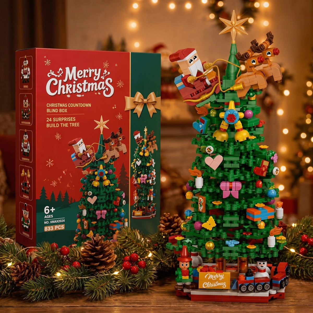Calendario de Adviento Árbol de Navidad de Bloques, 833 Piezas en 24 Cajas Sorpresa