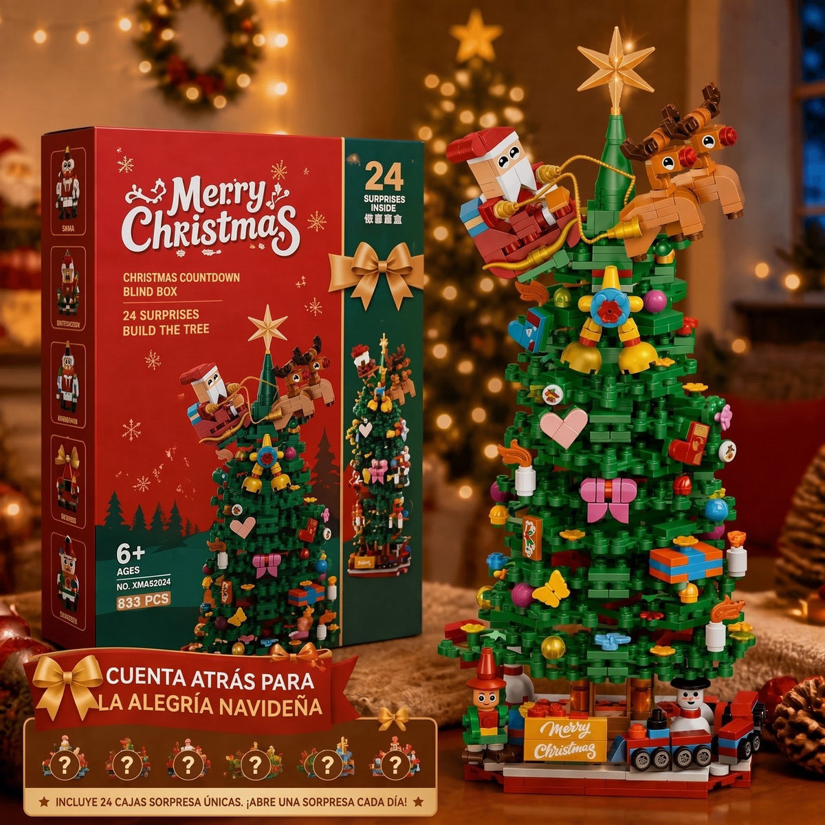 Calendario de Adviento Árbol de Navidad de Bloques, 833 Piezas en 24 Cajas Sorpresa