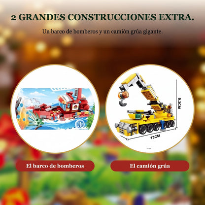 Calendario de Adviento Bomberos y Obras, Minivehículos de Bloques + Grandes Construcciones