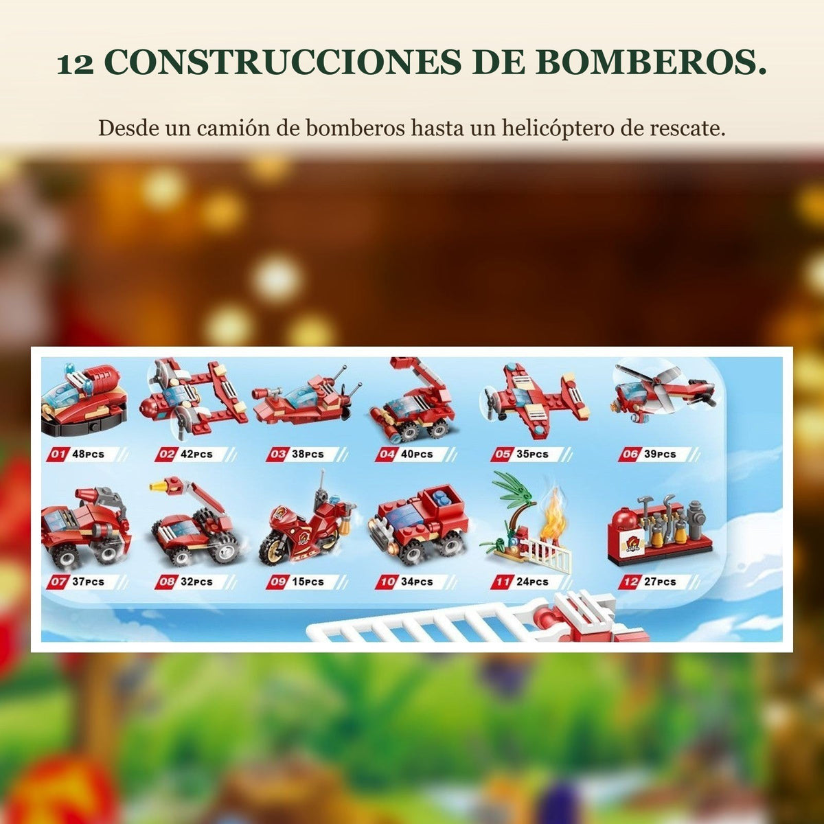 Calendario de Adviento Bomberos y Obras, Minivehículos de Bloques + Grandes Construcciones
