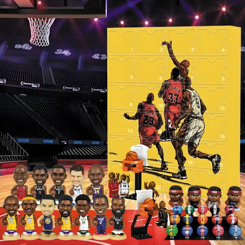 Calendario de Adviento con minifiguras de baloncesto, set en caja de regalo — 24 ventanas, 30 cm de largo