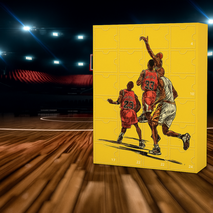 Calendario de Adviento con minifiguras de baloncesto, set en caja de regalo — 24 ventanas, 30 cm de largo