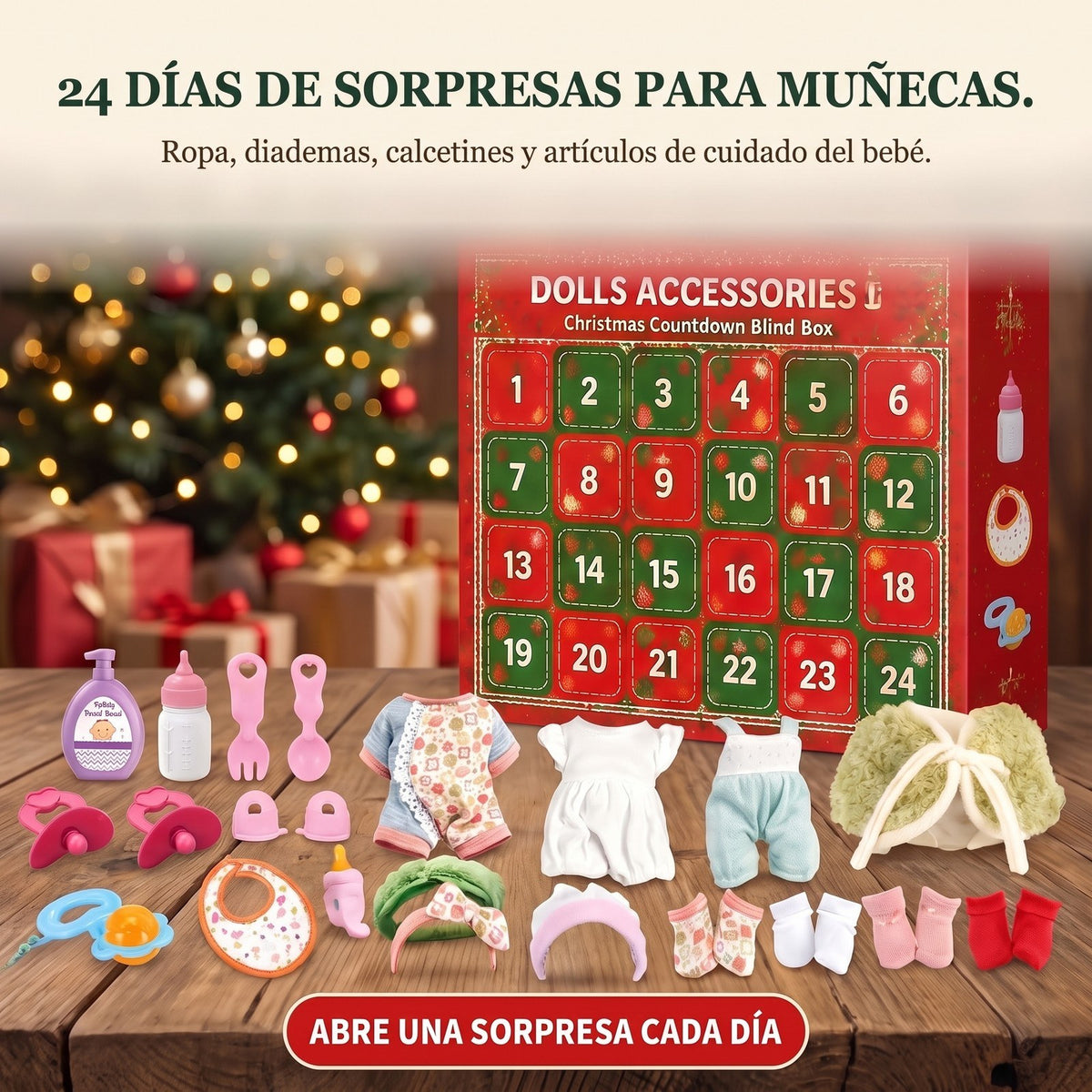Calendario de Adviento de Accesorios para Muñecas, 24 Días de Ropa y Cuidado del Bebé